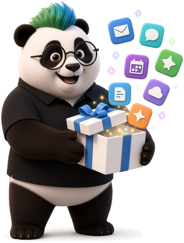 CloudPandas-Panda mit Geschenkbox voller Microsoft-365-Apps